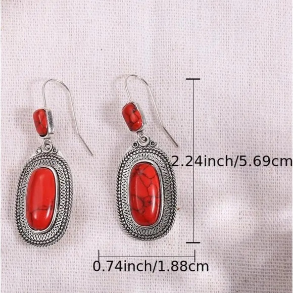 925 Sterling Silver Plated Red Synthetic Gemstone Dangle Earrings - Picture 4 of 4